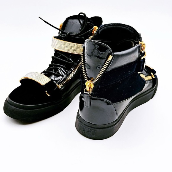 GIUSEPPE ZANOTTI Dark Blue velvet with Crystal High-Top Sneakers - Picture 5 of 6